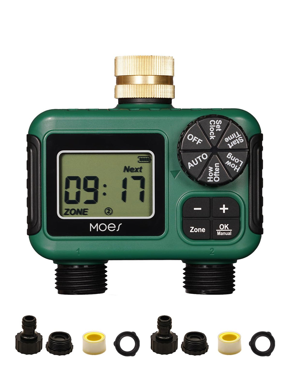 MOES 2-Outlet Sprinkler Timer with brass inlet for durable garden irrigation.