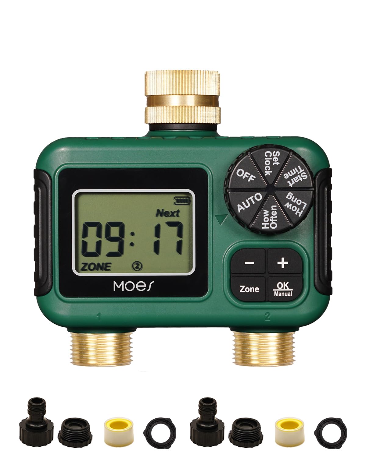 MOES 2-outlet sprinkler timer front panel with dual zones for precise irrigation control