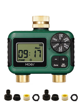 MOES 2-outlet sprinkler timer front panel with dual zones for precise irrigation control