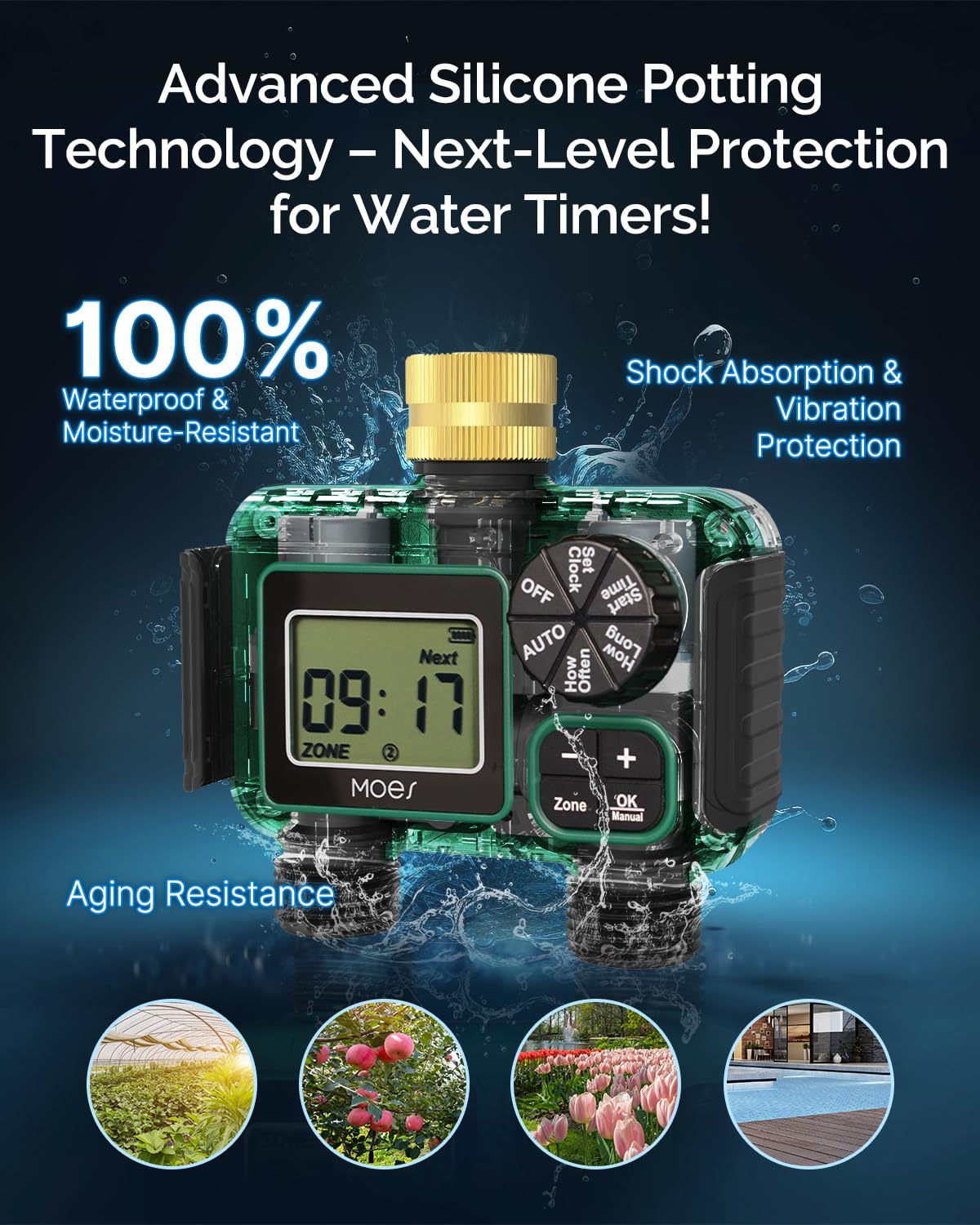 MOES dual-zone programmable irrigation timer for precise watering of two zones.