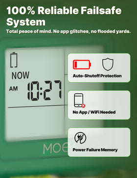 MOES failsafe auto-shutoff prevents flooded yards when batteries run low