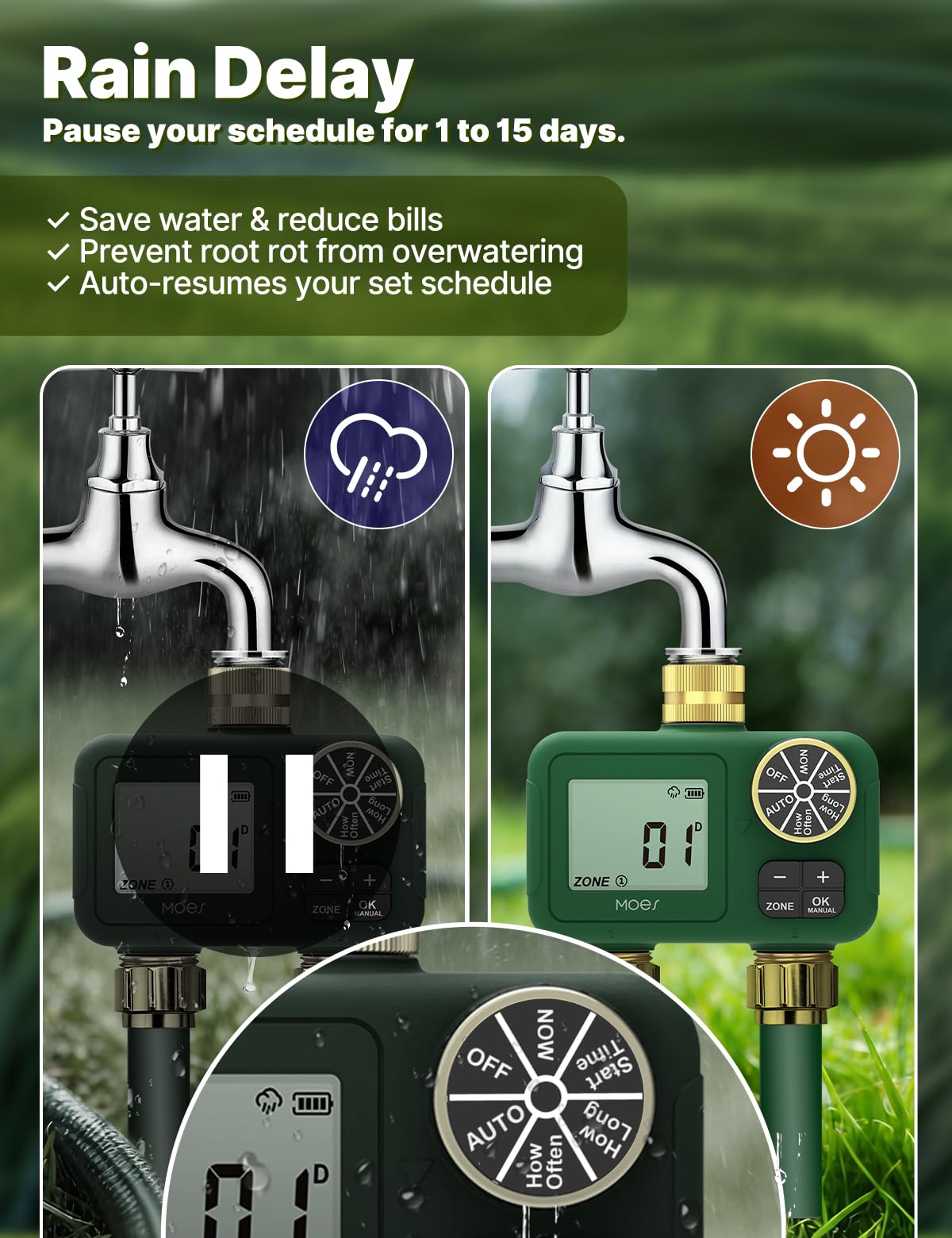MOES Rain Delay feature pauses watering during wet days to save water