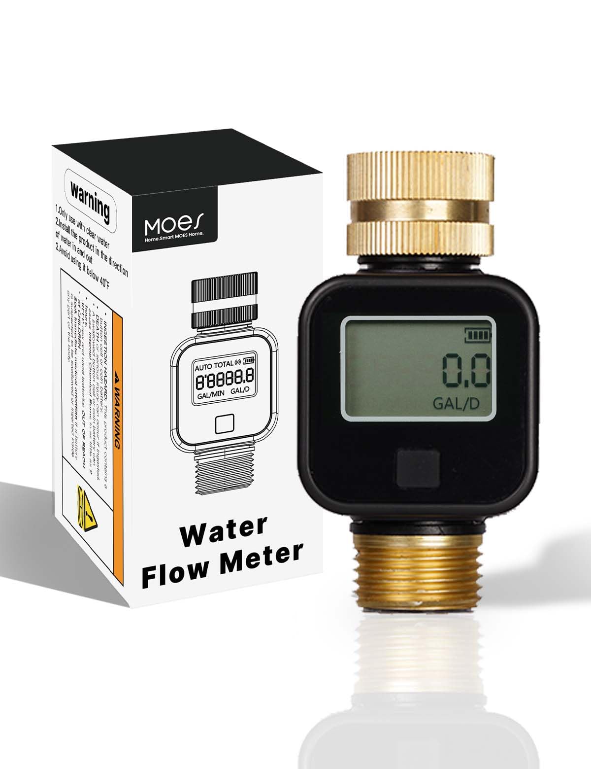 MOES water flow meter with brass inlet and outlet for durable hose connections.