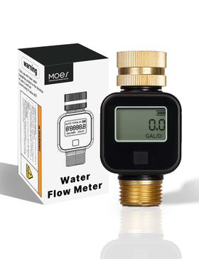 MOES water flow meter with brass inlet and outlet for durable hose connections.