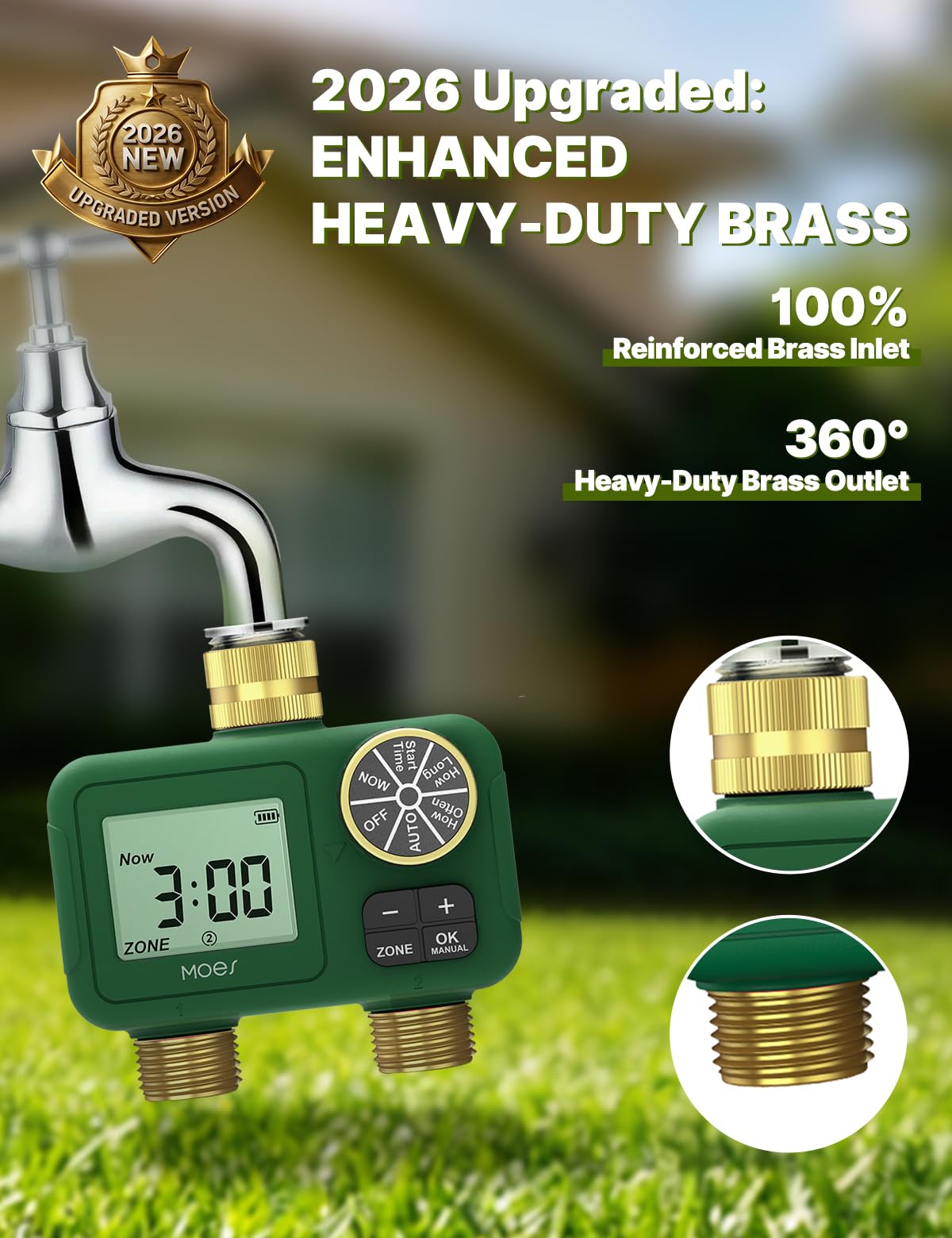 MOES water timer high-flow design preserves water pressure for full sprinkler coverage