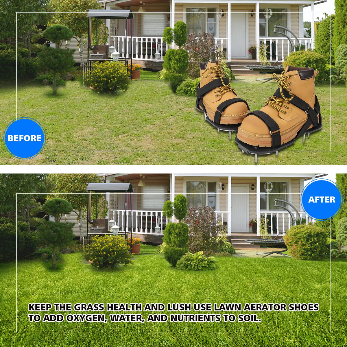 MOFEEZ in-use photo demonstrates simple lawn aeration while walking.