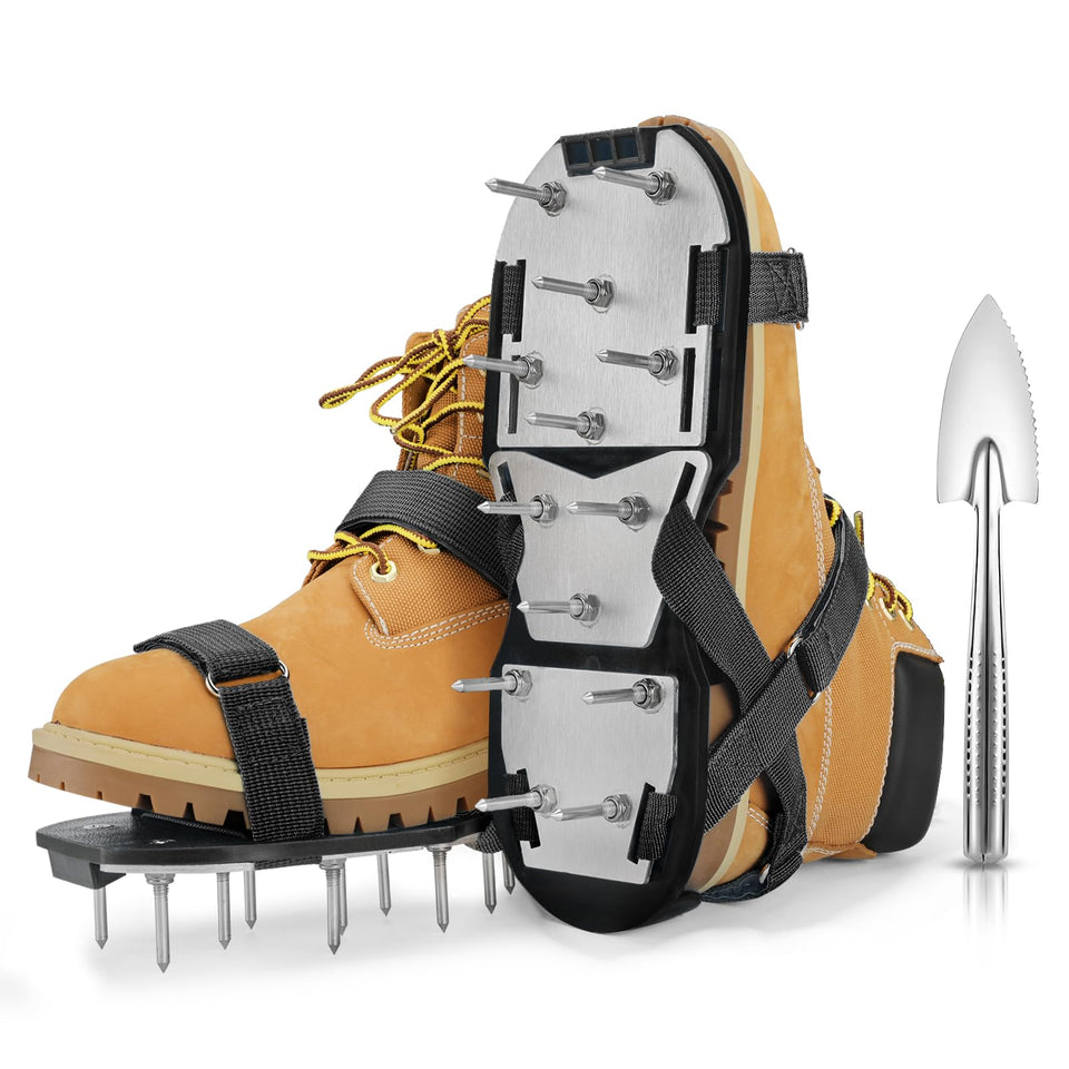 MOFEEZ lawn aerator shoes on grass provide easy on-foot soil aeration.