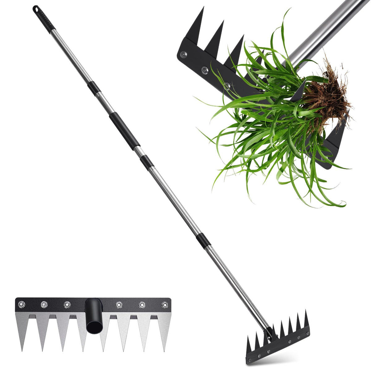 MofivKce stainless steel weeding tool with saw blade for precise root removal in dense soil.