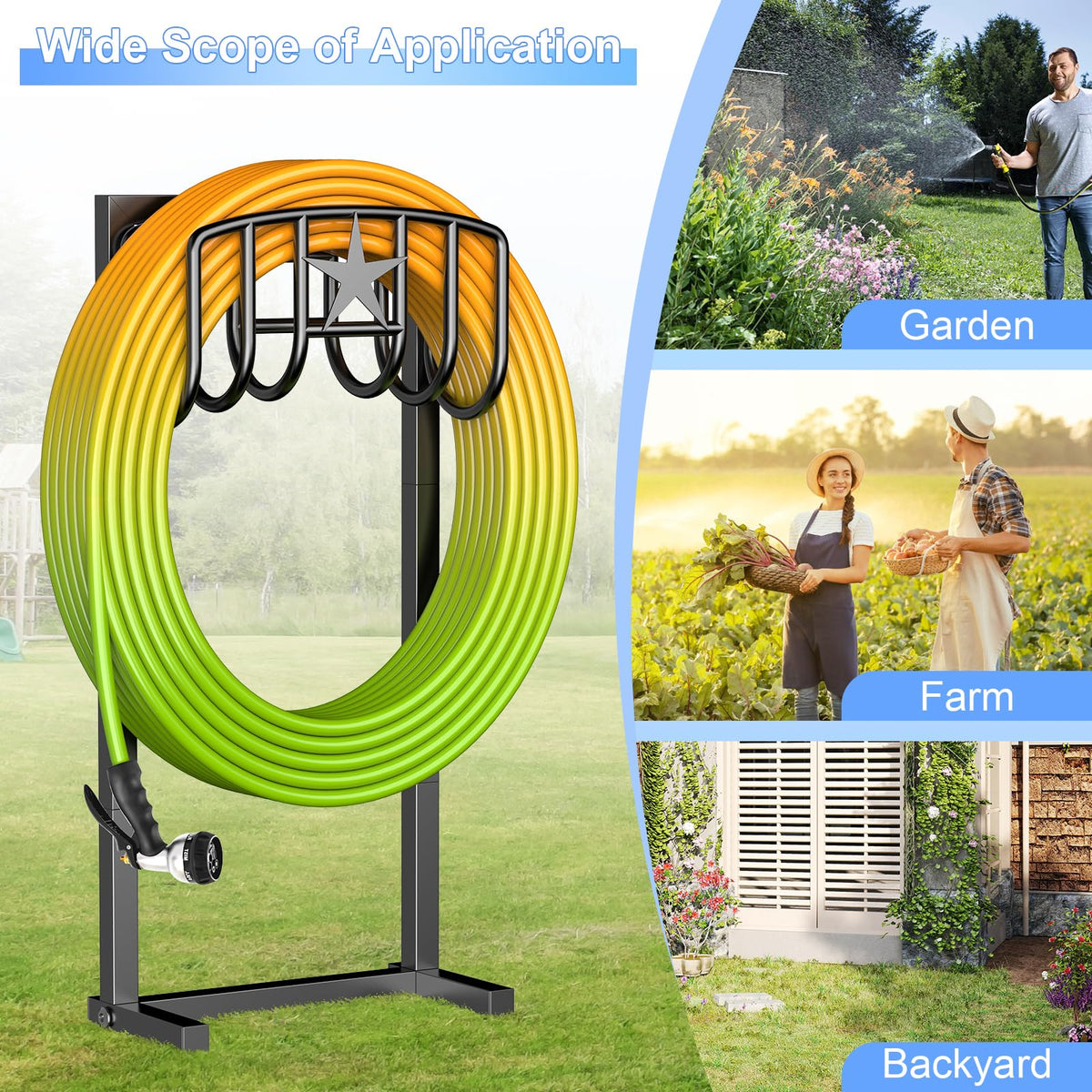 Mogaath capacity supports up to 150ft hoses for larger yard setups.