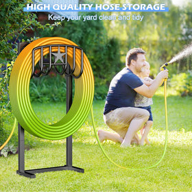 Mogaath hose rack keeps coils tidy, reducing tangles after outdoor watering.