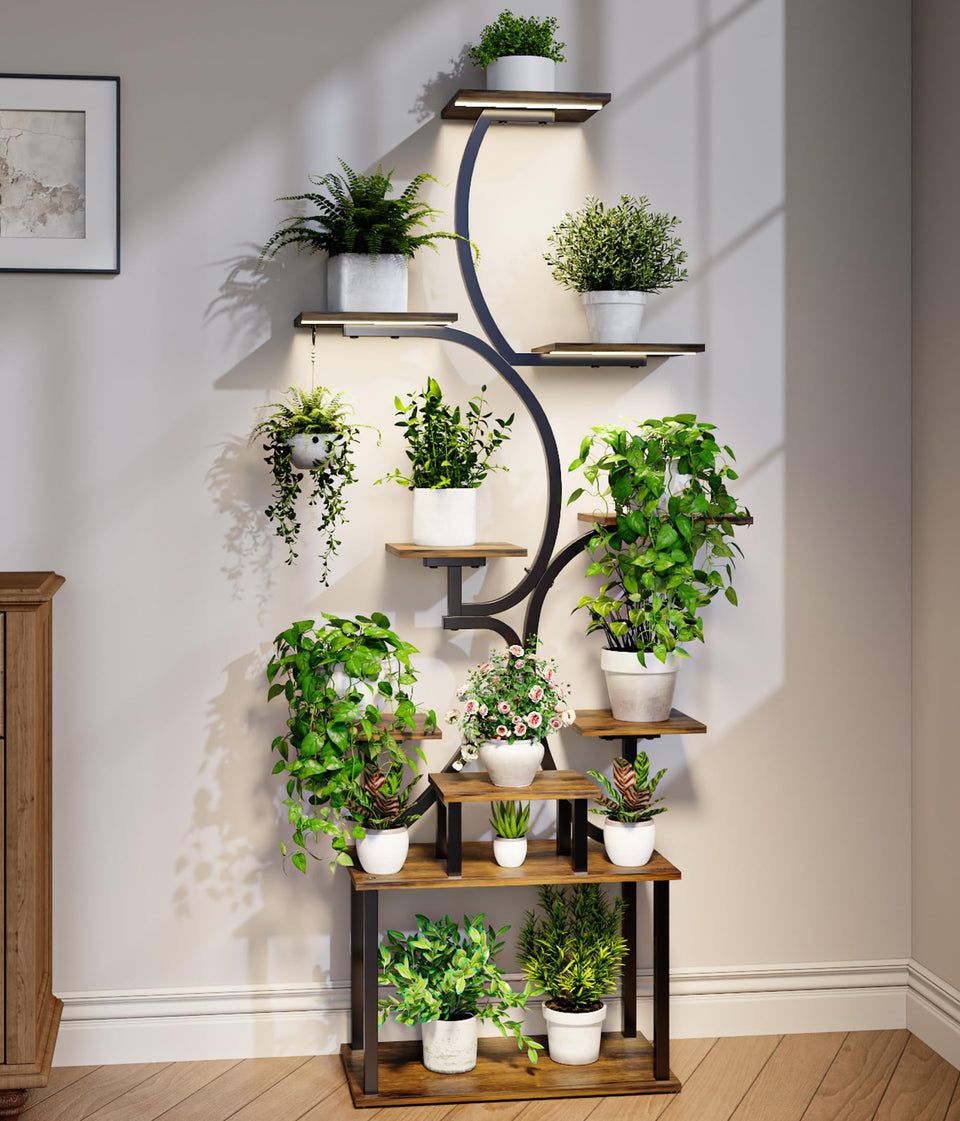 Mogaath plant stand with grow lights, front view, ideal for year-round indoor gardening.