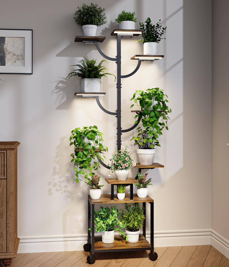Mogaath plant stand with grow lights displaying a space-saving indoor garden setup.