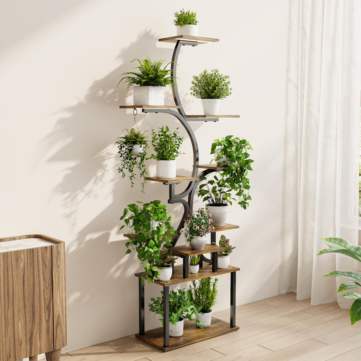 Mogaath plant stand with grow lights, side view shows curved silhouette and stability.