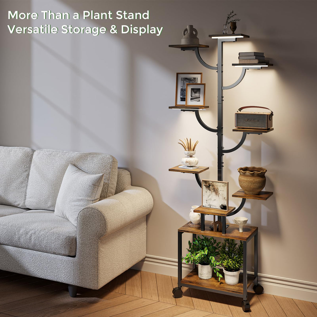 Mogaath tree-design rack maximizes vertical space for a stylish indoor jungle.
