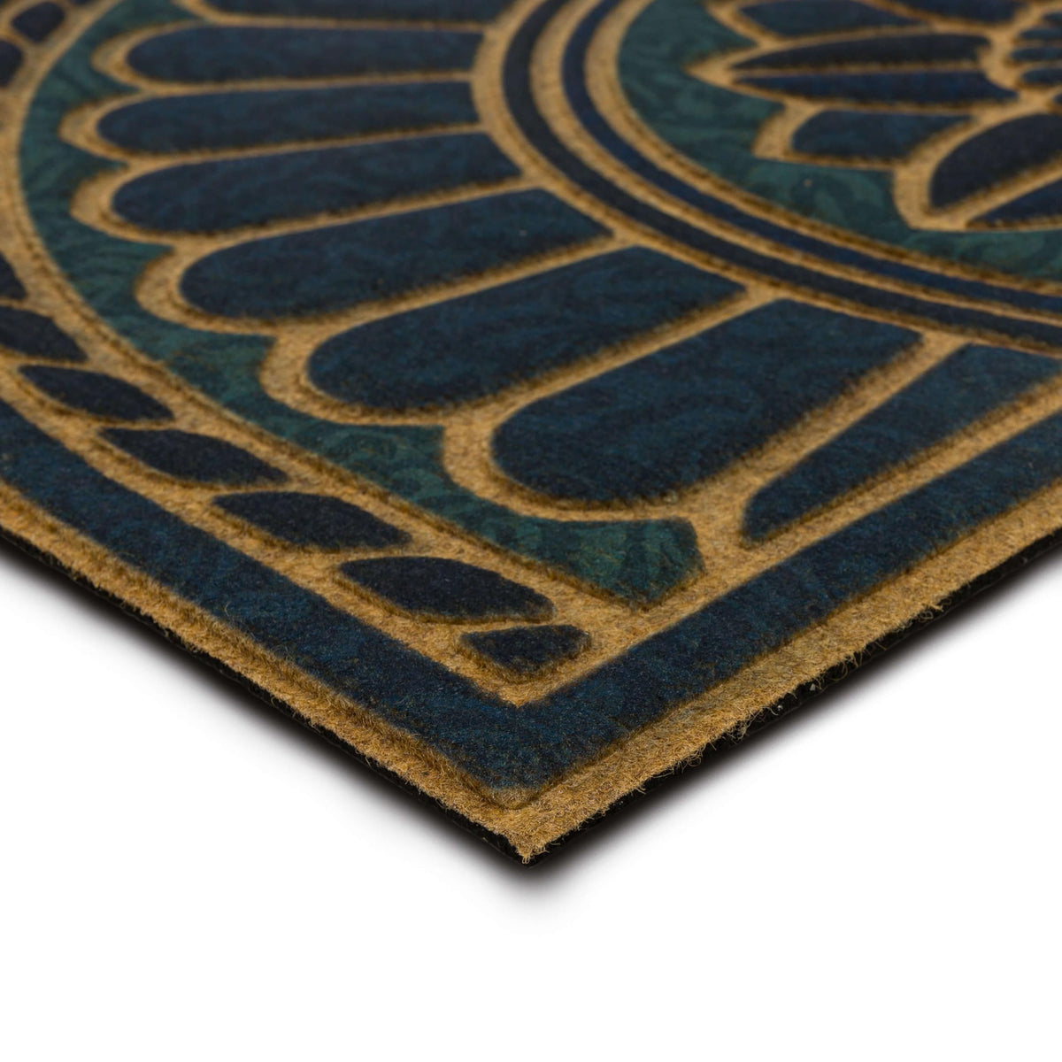 Mohawk Home Swirl Denim Blue back shows non-slip recycled rubber backing for stability