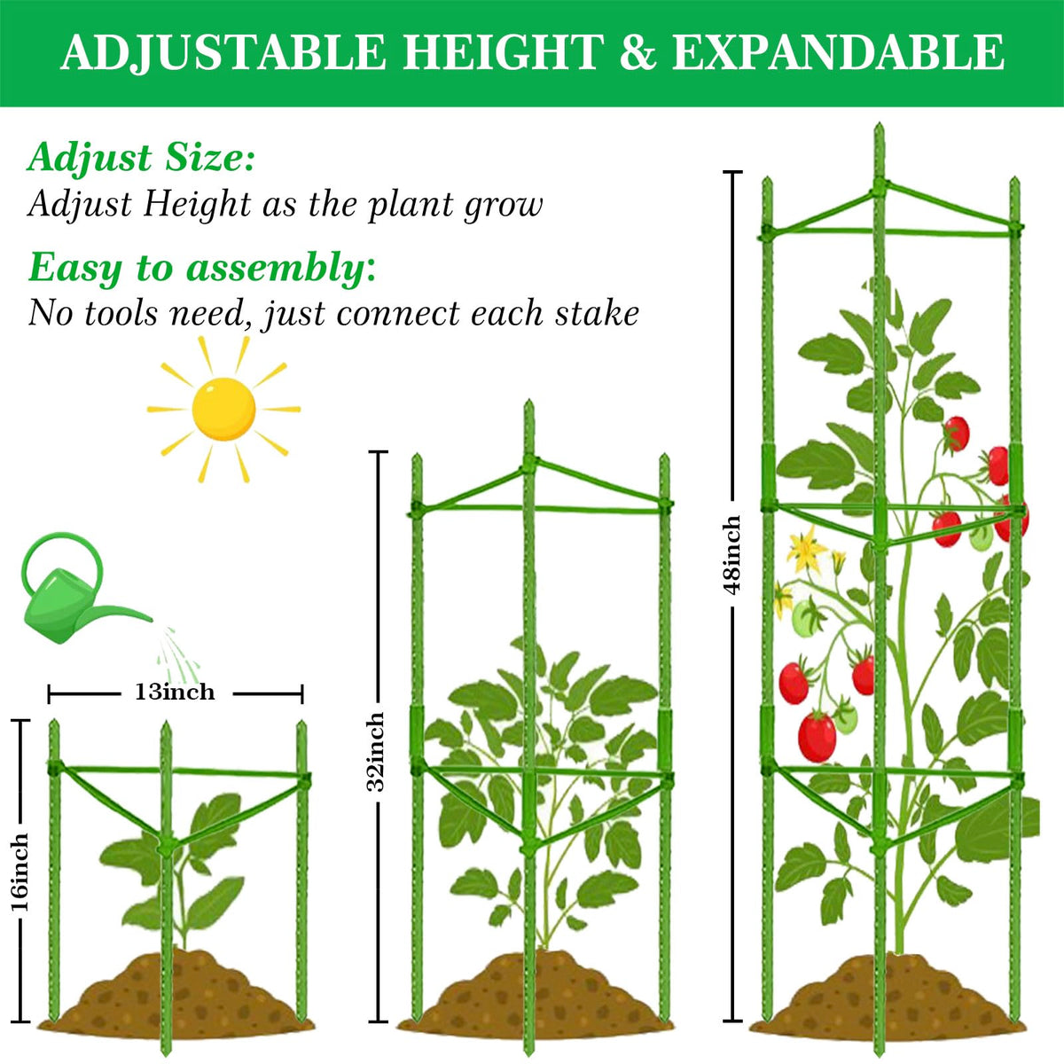 Moirsunt tomato cage adjustable height demonstrates flexible support from seedling to mature plants.