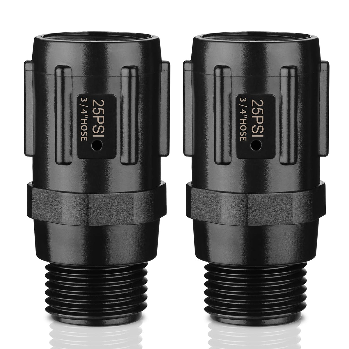 Moistenland 25psi pressure regulator closeup on compact ABS body for drip systems.