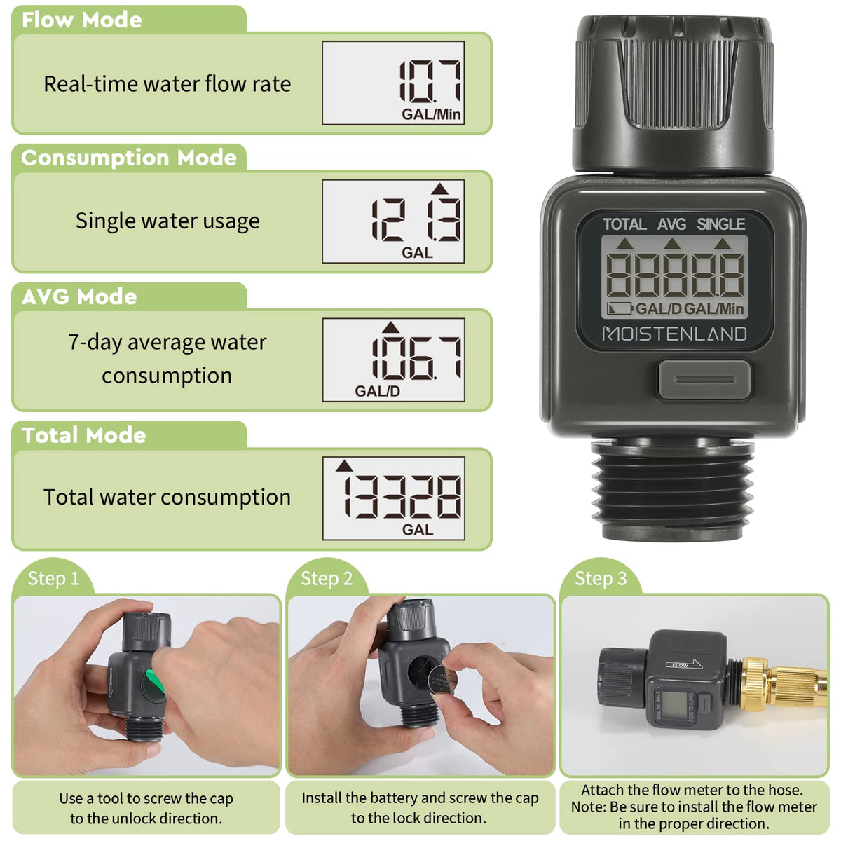Moistenland Water Flow Meter with 3/4-inch hose thread enables simple garden hose attachment.