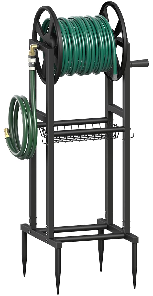 Mokeyder freestanding hose reel showing 125ft capacity and sturdy base.