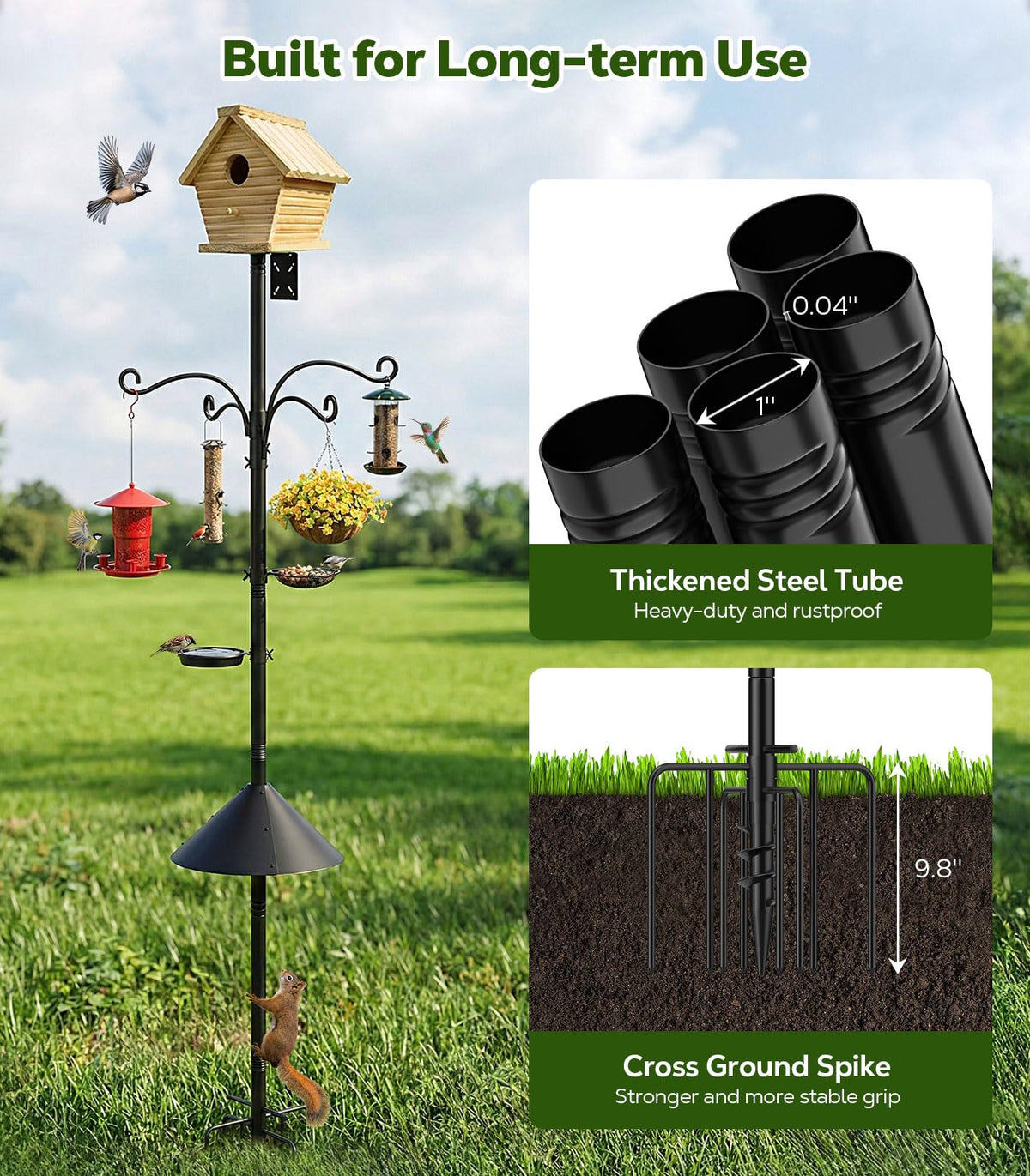 MoKo Bird Feeder Pole height-adjustable for versatile garden arrangements.