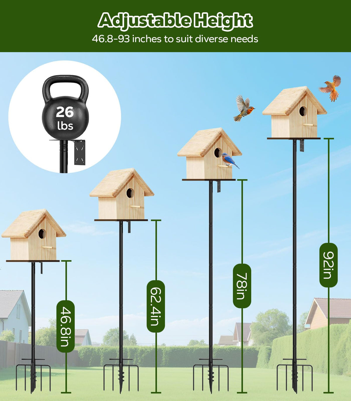 MoKo bird feeder pole thickened pipe construction resists bending and rust.