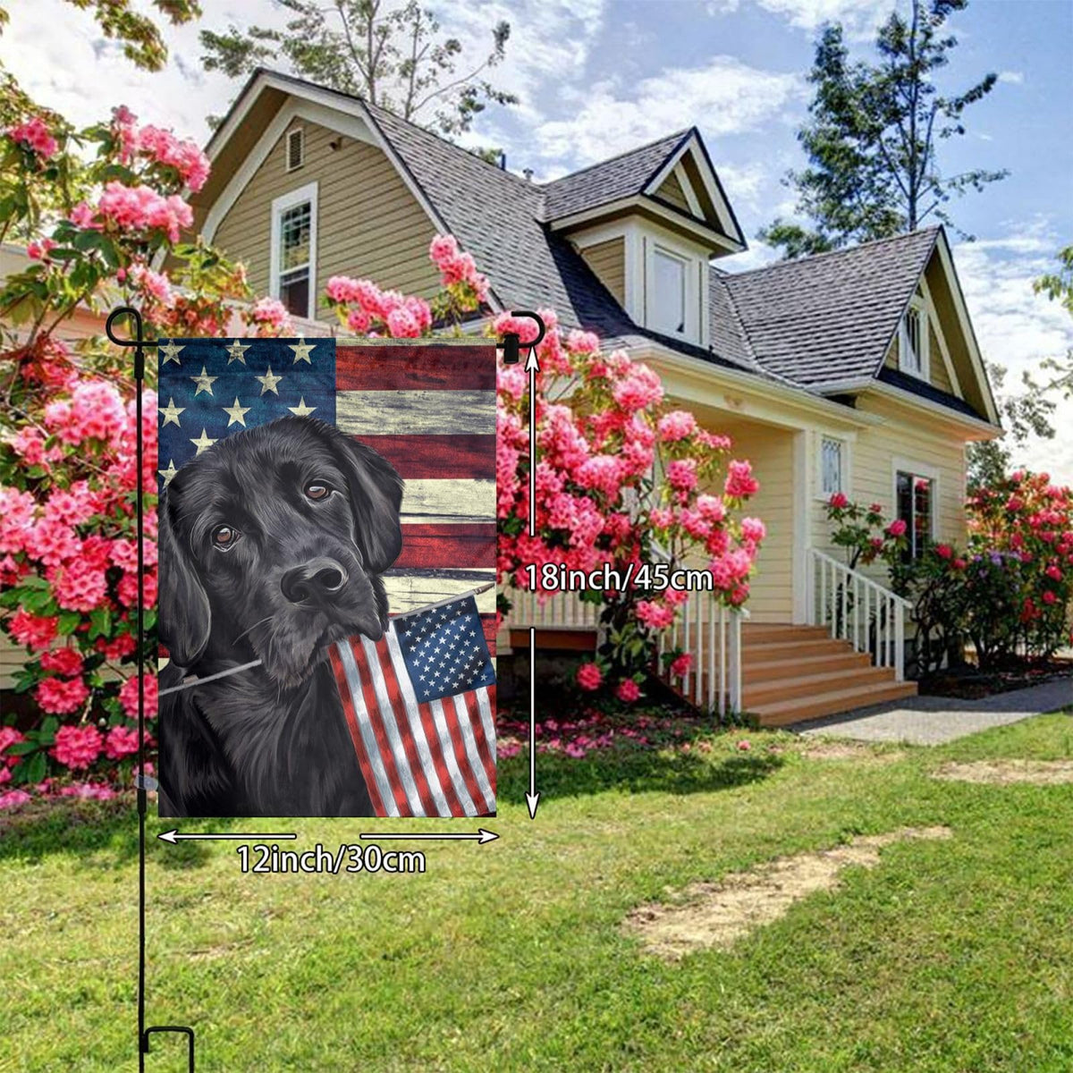 MOLAIGIN Labrador July flag adds festive curb appeal to deck or veranda.