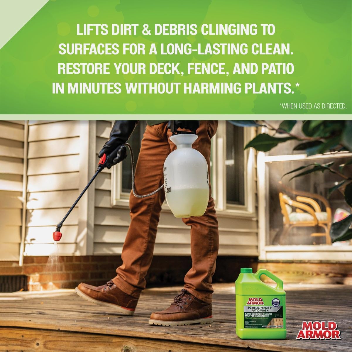 Mold Armor E-Z wash being applied to outdoor surfaces to refresh wood and railings.