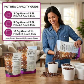 Using Molly's orchid potting mix during repotting in a container.