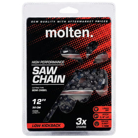 Molten 12-inch chain for Stihl MSA120C in use on a battery saw for clean cuts.