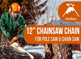 Molten 12-inch chain for Stihl MSA200C assisting rapid limb work outdoors.