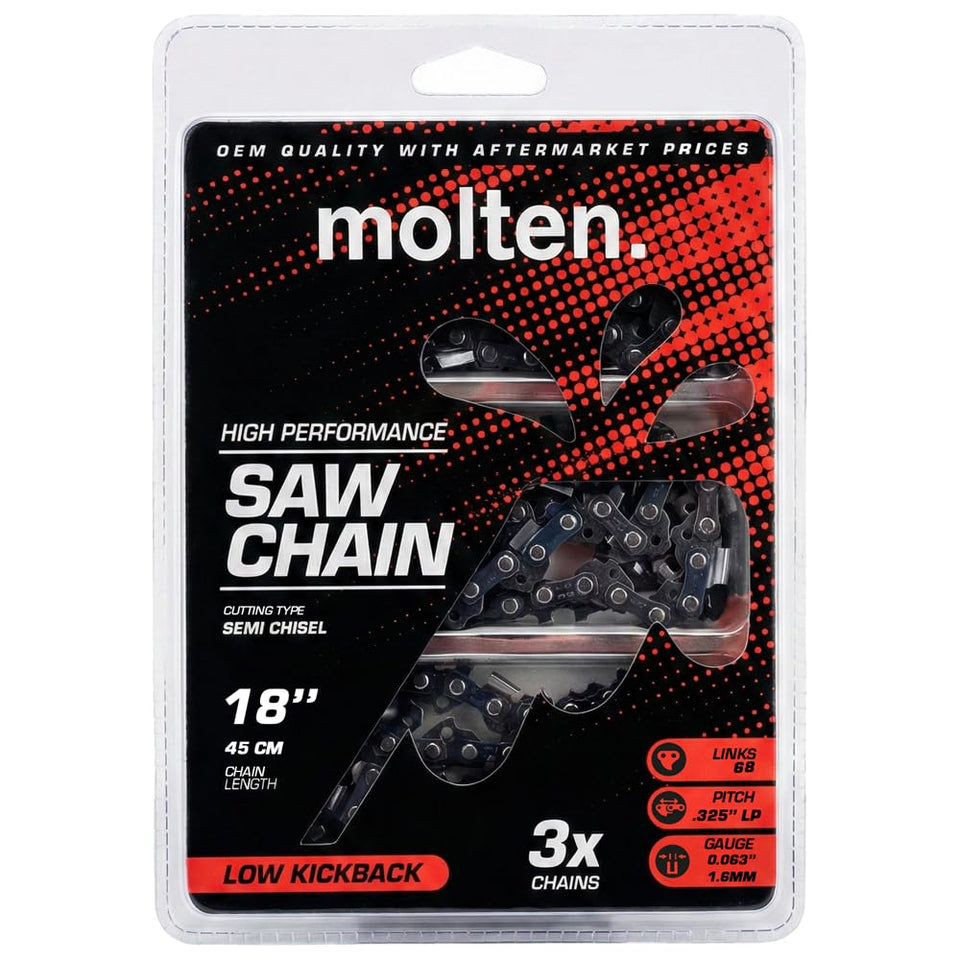 Molten Stihl MS250 18-inch chain box showing ready-to-use three-pack.