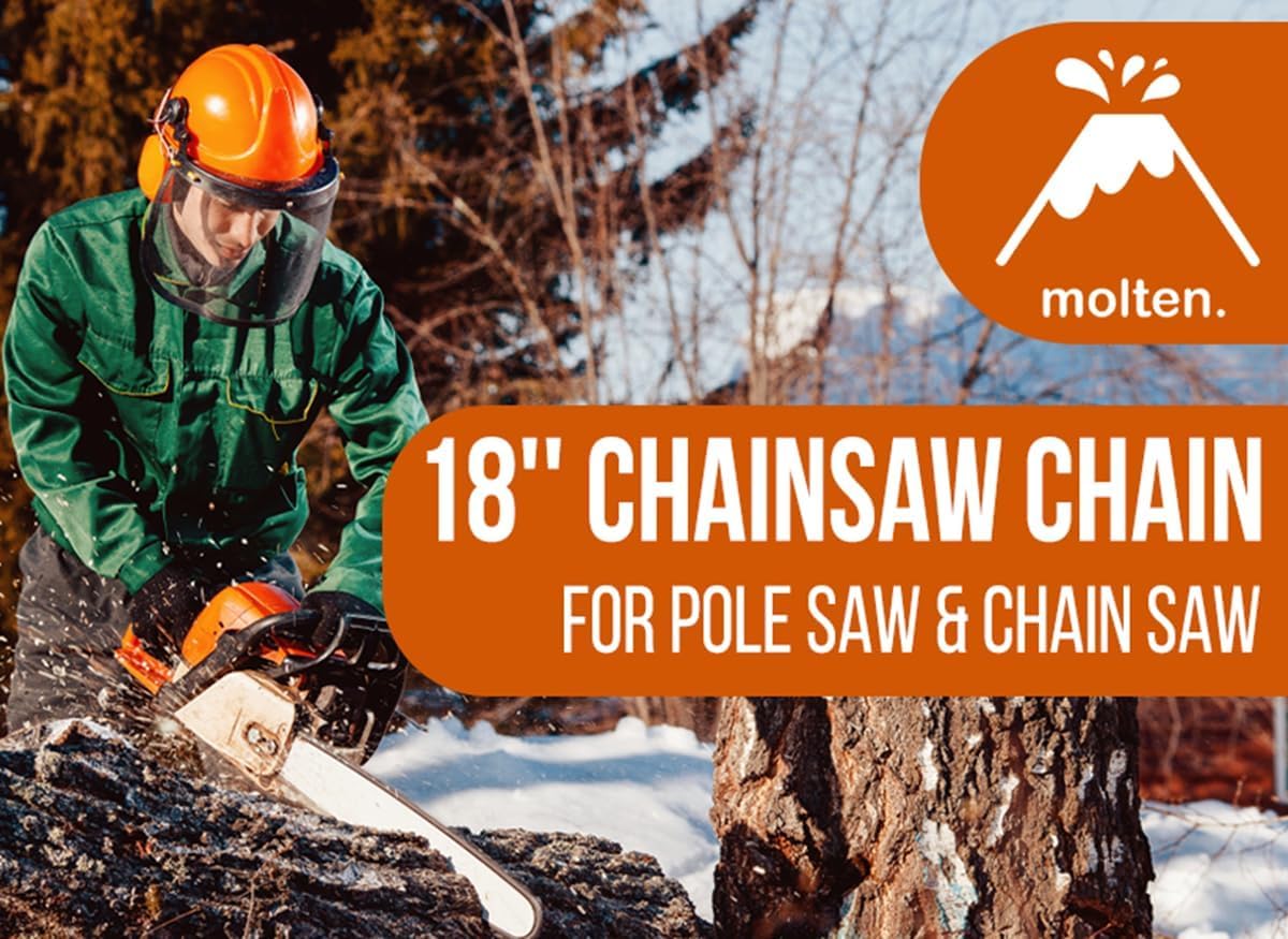 Molten Stihl MS250 18-inch chain closeup teeth for precise cuts.