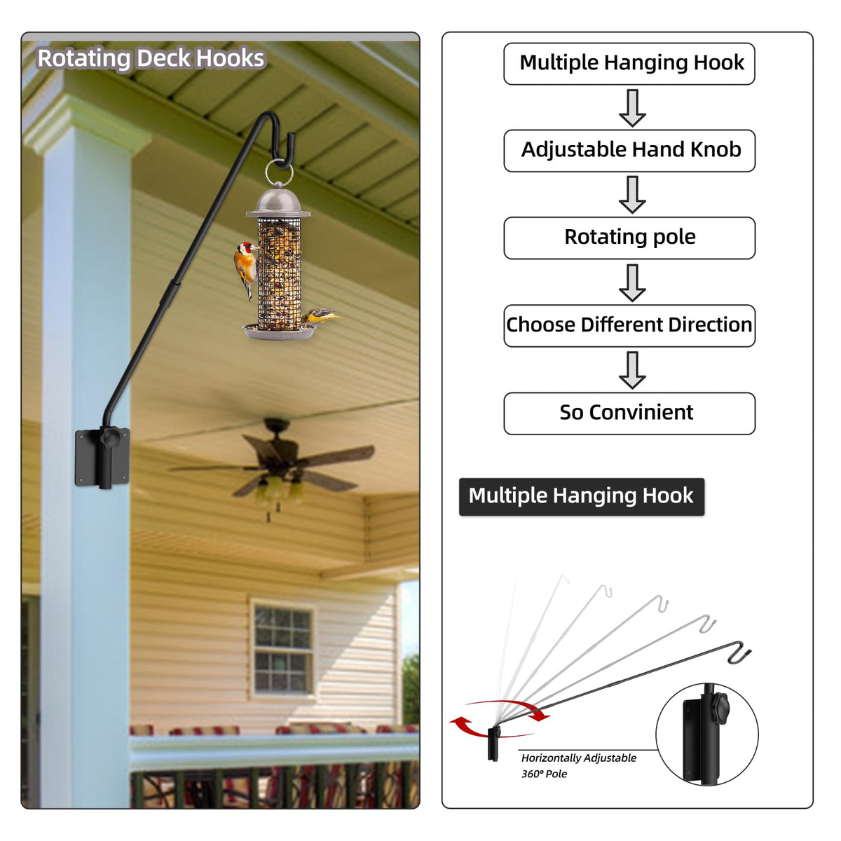 Monalife bird feeder hanger in use on a railing for easy viewing