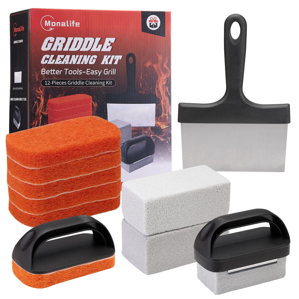 Monalife griddle cleaning kit scraper in action removes residue quickly