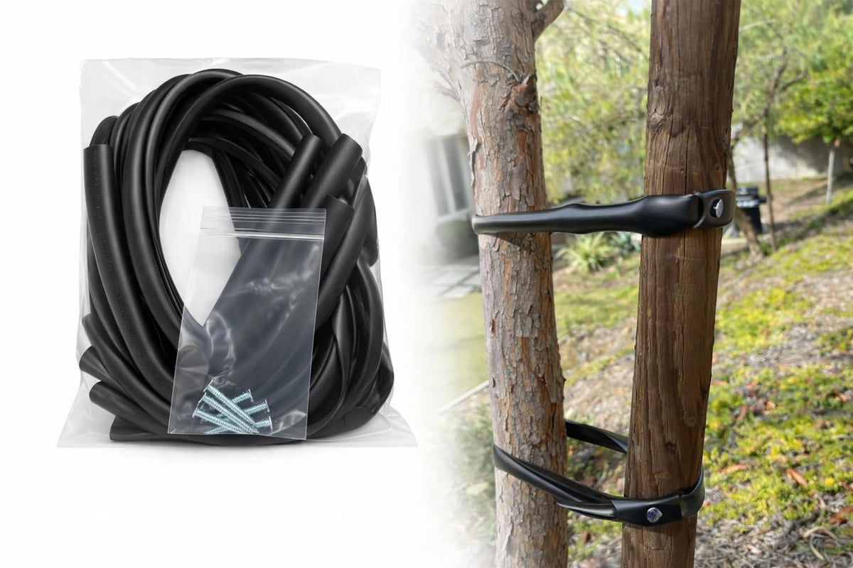 MONARCA SUPPLIES Tree Ties 32-inch black securing a growing tree.