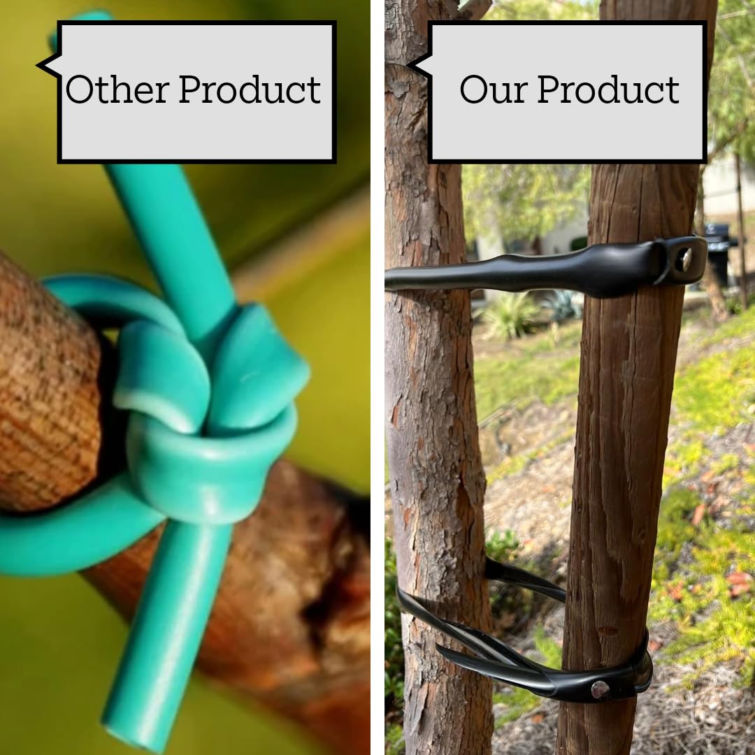 Black MONARCA SUPPLIES Tree Ties blend with garden aesthetics.