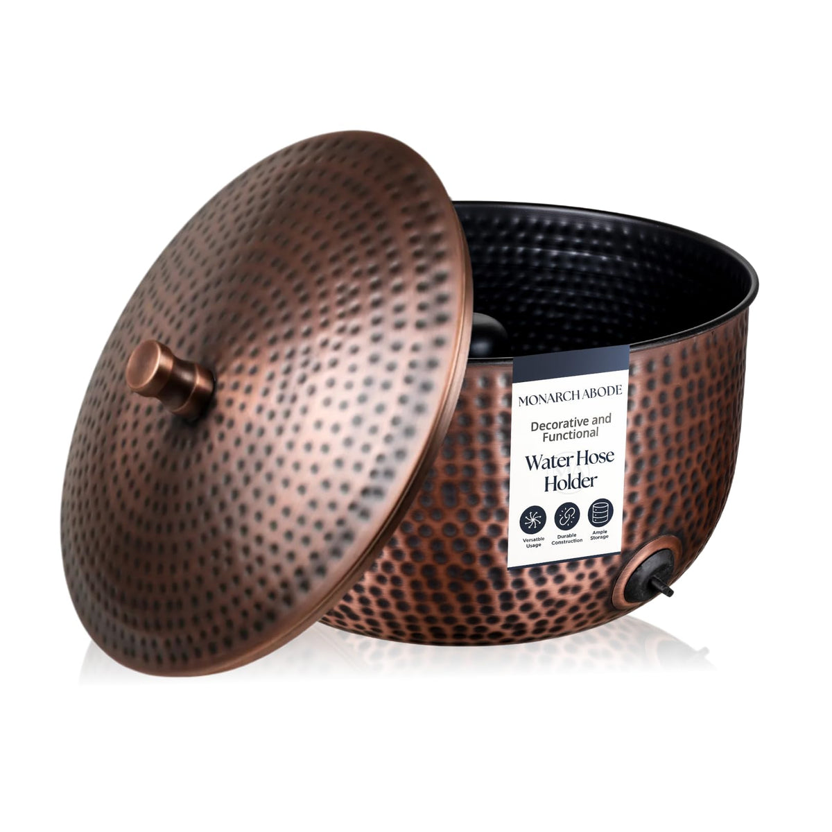 Monarch Abode garden hose holder with lid, elegant storage for up to 100 ft of hose.