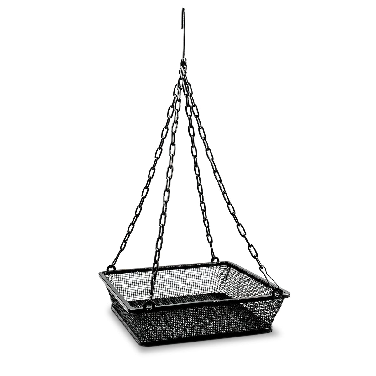Monarch Abode hanging bird feeder with mesh tray for easy, shared backyard feeding.