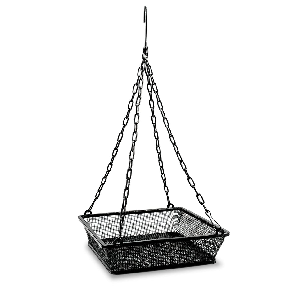 Monarch Abode hanging bird feeder with mesh tray for easy, shared backyard feeding.