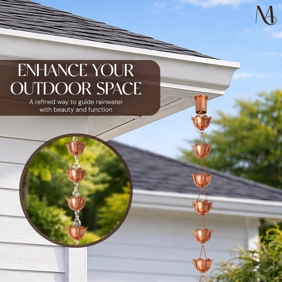 Monarch copper lotus cups showcase a calming water cascade along gutters.