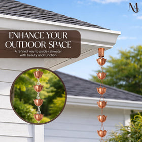 Monarch copper lotus cups showcase a calming water cascade along gutters.