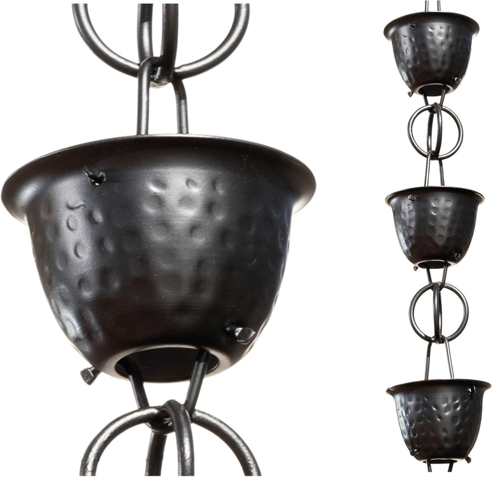 Monarch Rain Chains 8.5 ft hammered black cups guiding rainwater with a smooth cascade