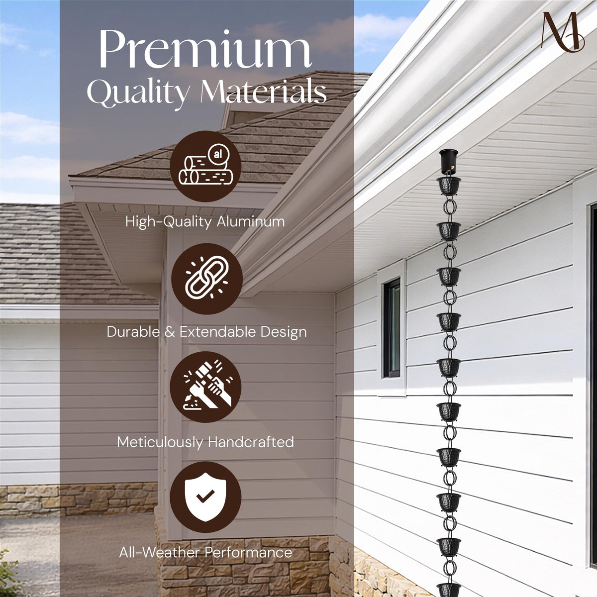 Expandable Monarch Rain Chains enabling customizable length for different rooflines