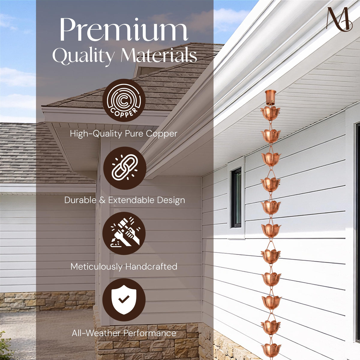 Monarch heavy-gauge copper rain chain provides durable outdoor drainage.