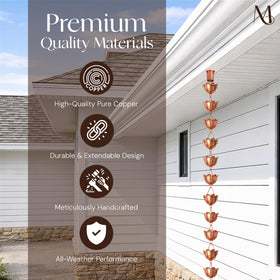 Monarch heavy-gauge copper rain chain provides durable outdoor drainage.