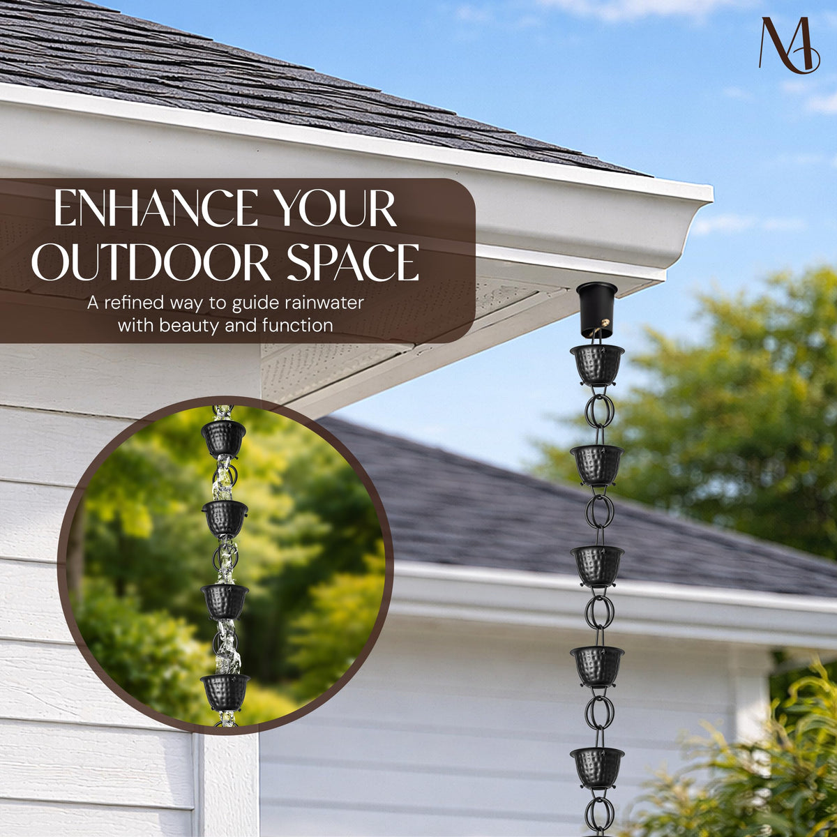 Monarch Rain Chains in matte black finish creating modern curb appeal and calm water flow
