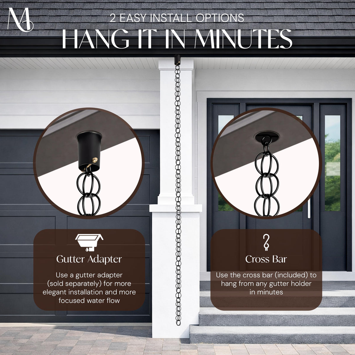 Monarch Rain Chains matte black finish adds modern aesthetic to gutters.