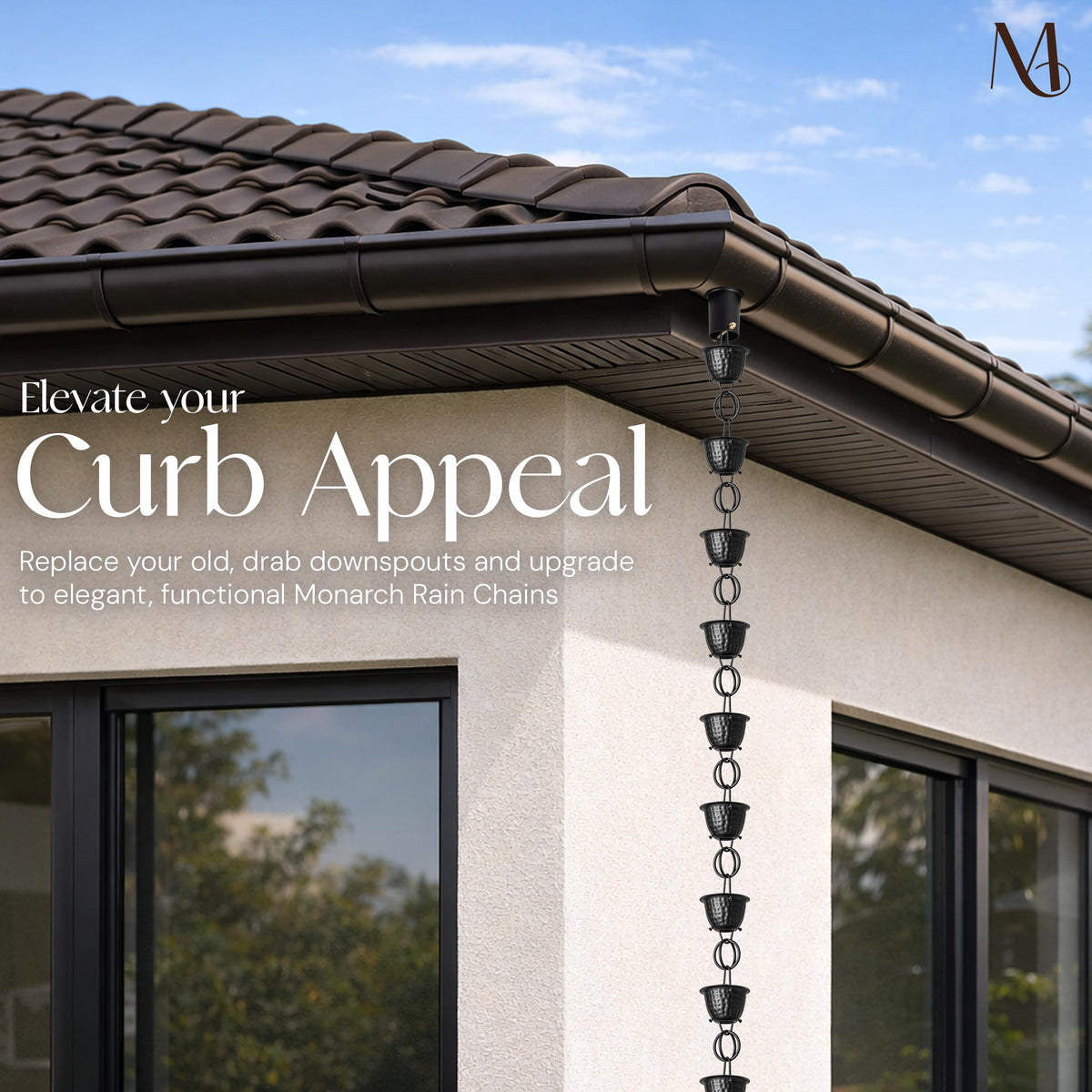 Monarch Rain Chains' modern design adds visual interest to outdoor spaces