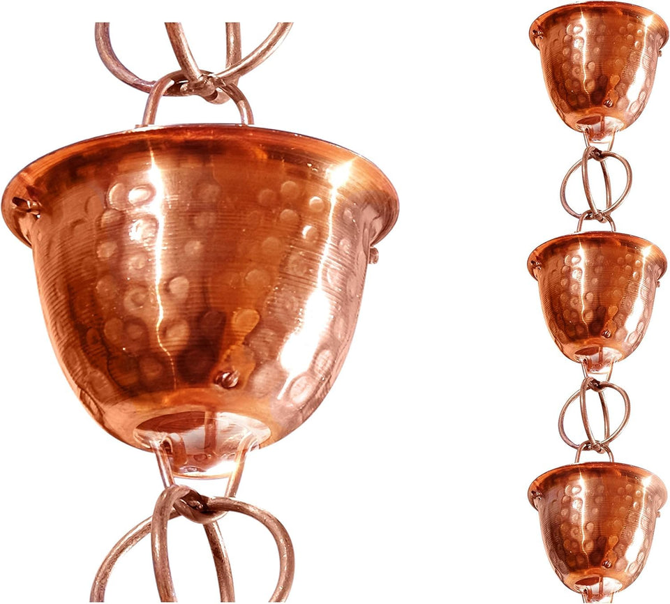 Monarch Rain Chains pure copper hammered cups, side view, enhancing curb appeal with a calming water feature.