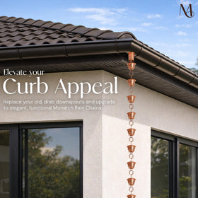 Monarch Rain Chains decorative outdoor piece pairs with basins or anchors for stylish downspout alternatives.
